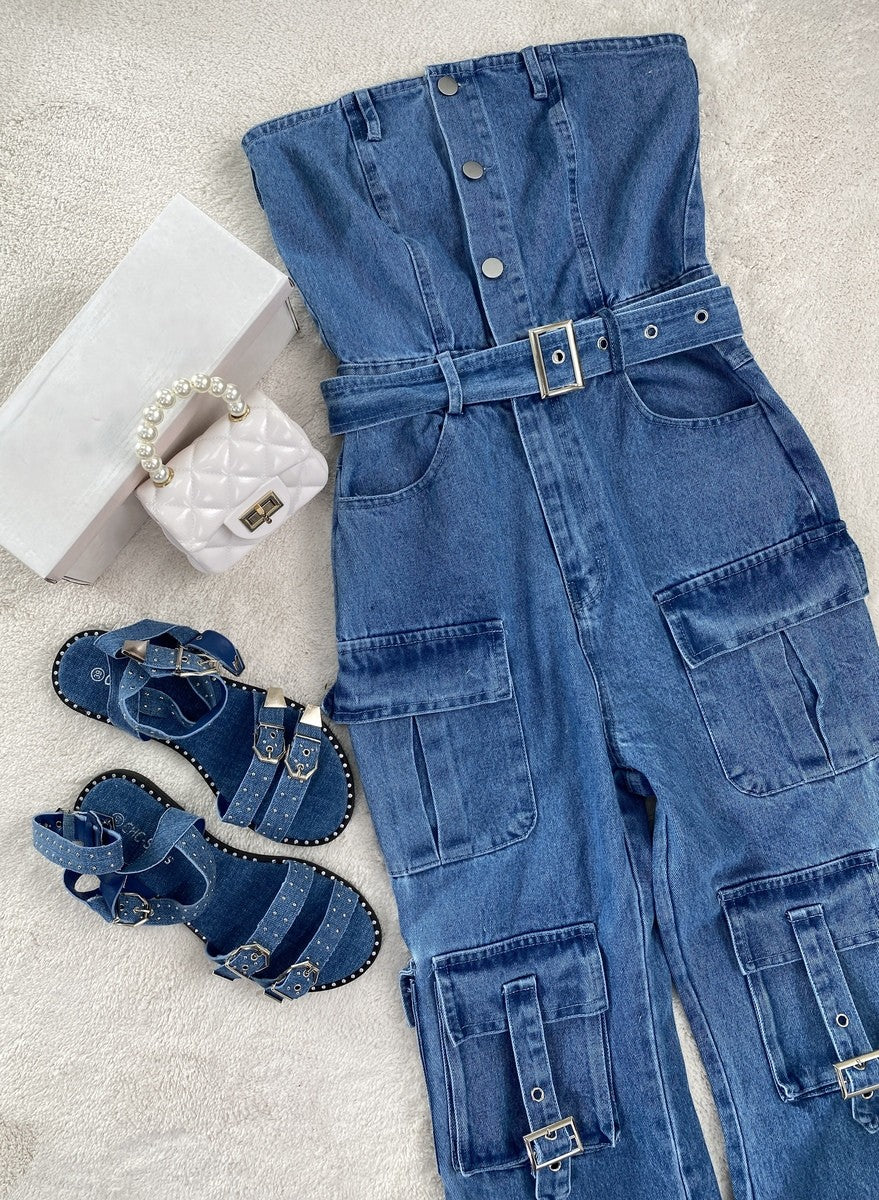 Multi Pockets Strapless Cargo Jumpsuit